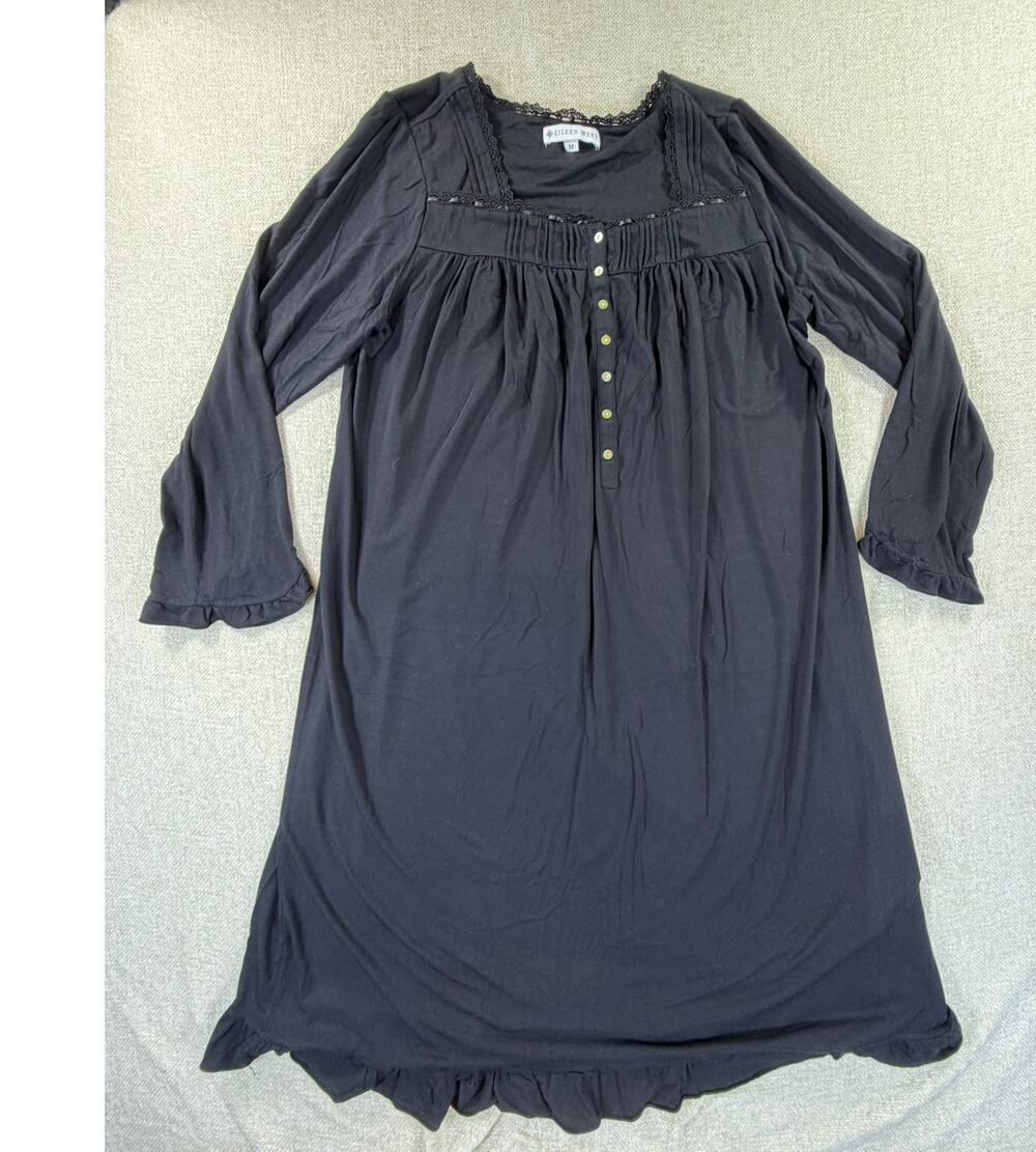 Eileen West Women's Medium Black Floral Embroidered Lace Collar Midi Nightgown